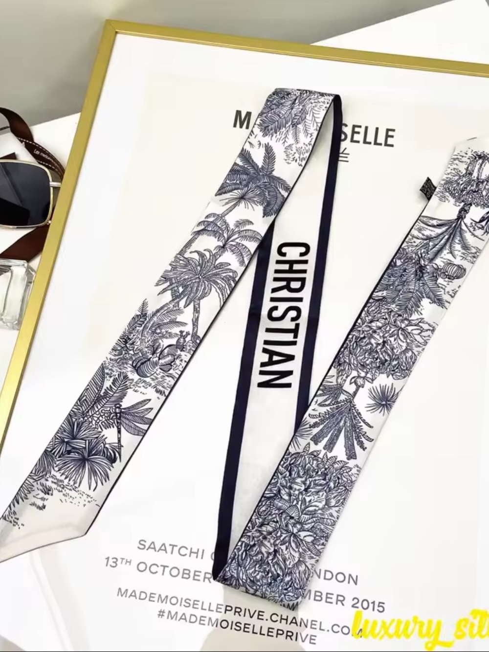 8 Other Reasons White & Navy Botanical Silk Twilly Scarf